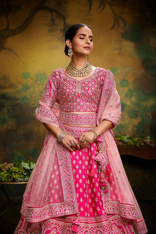 Pink Pure Silk Moti & Zarkan heavy embroidery Semi-Stitched Lehenga choli & Dupatta Clothsvilla