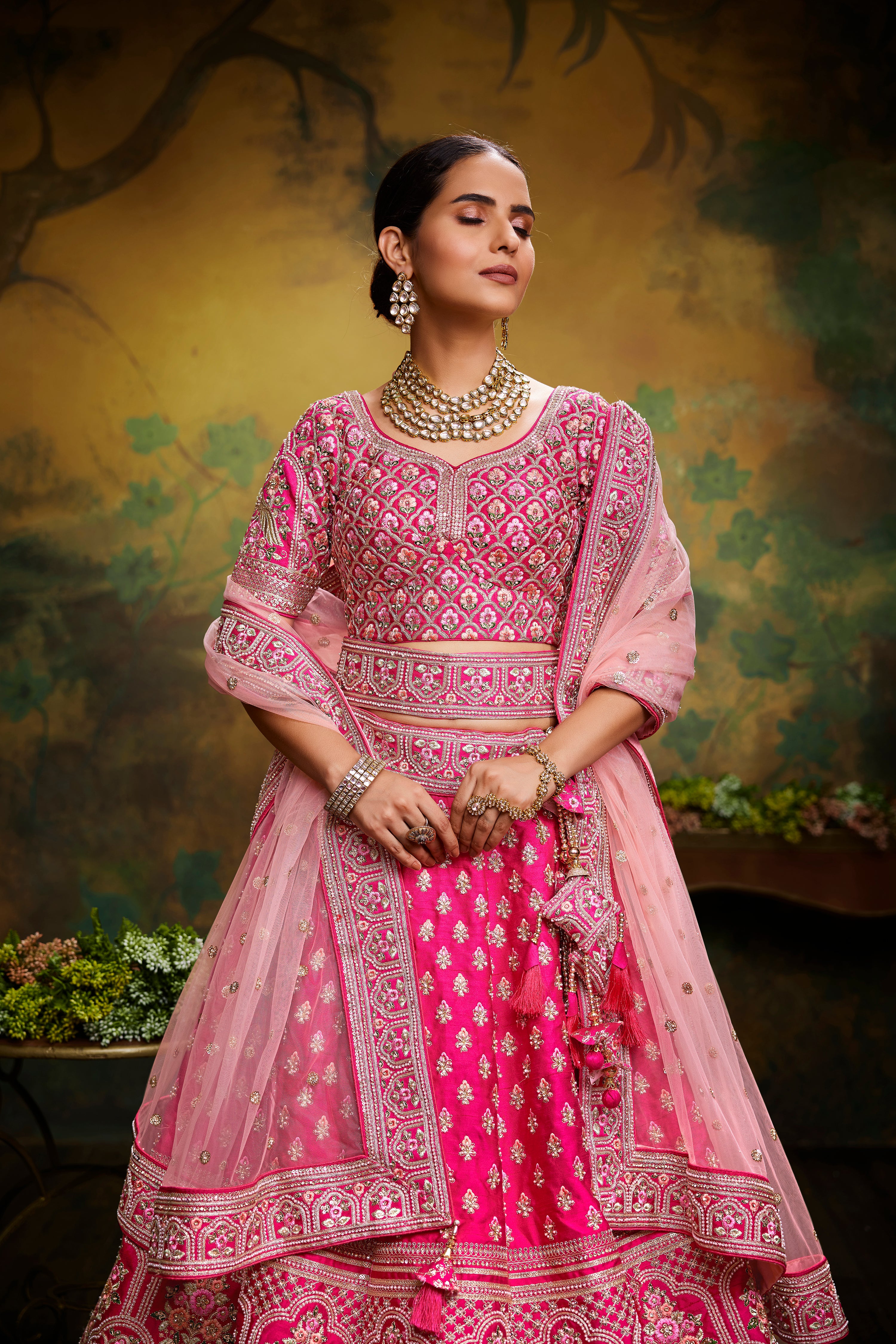 Pink Pure Silk Moti & Zarkan heavy embroidery Semi-Stitched Lehenga choli & Dupatta Clothsvilla