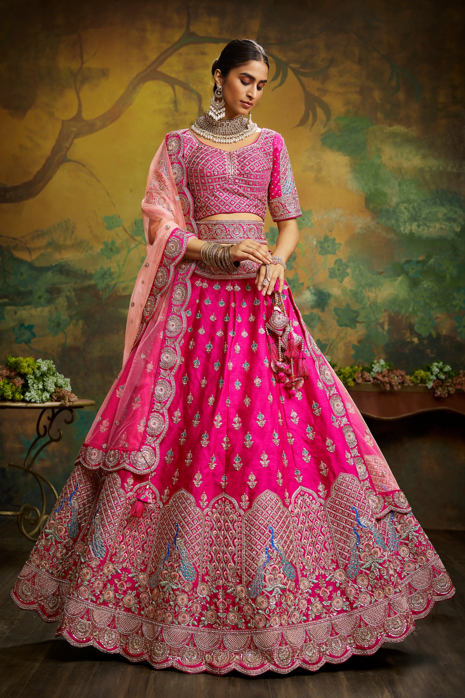 Pink Pure Silk Moti & Zarkan heavy embroidery Semi-Stitched Lehenga choli & Dupatta Clothsvilla