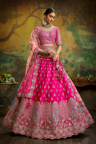 Pink Pure Silk Moti & Zarkan heavy embroidery Semi-Stitched Lehenga choli & Dupatta Clothsvilla