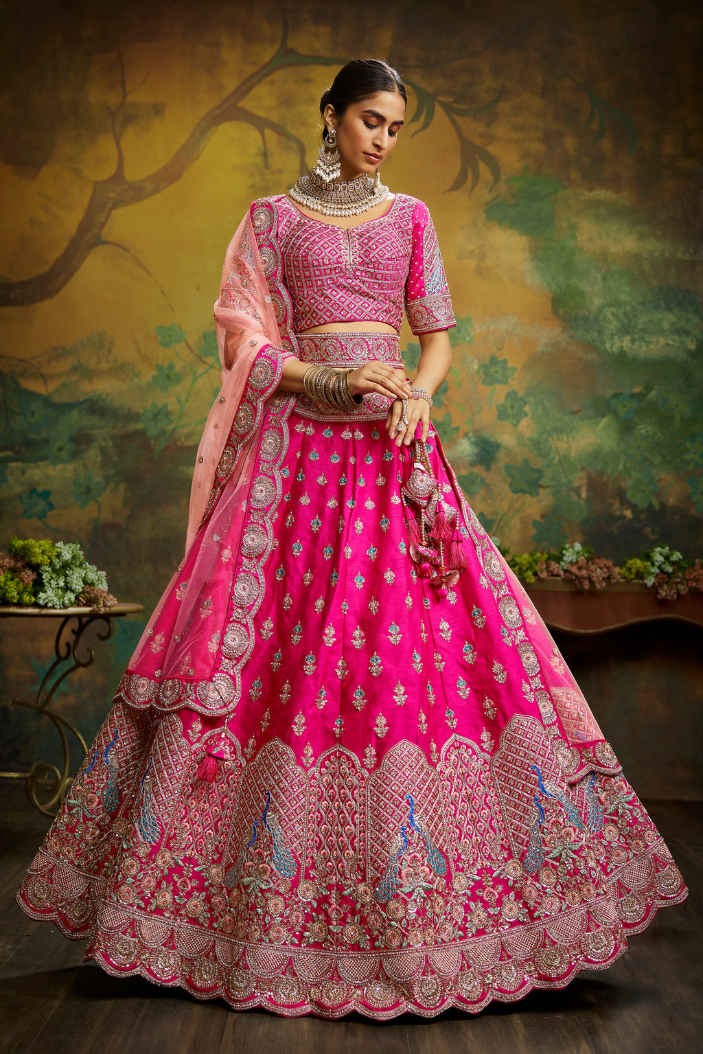 Pink Pure Silk Moti & Zarkan heavy embroidery Semi-Stitched Lehenga choli & Dupatta Clothsvilla