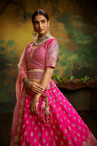 Pink Pure Silk Moti & Zarkan heavy embroidery Semi-Stitched Lehenga choli & Dupatta Clothsvilla
