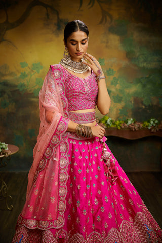 Pink Pure Silk Moti & Zarkan heavy embroidery Semi-Stitched Lehenga choli & Dupatta Clothsvilla