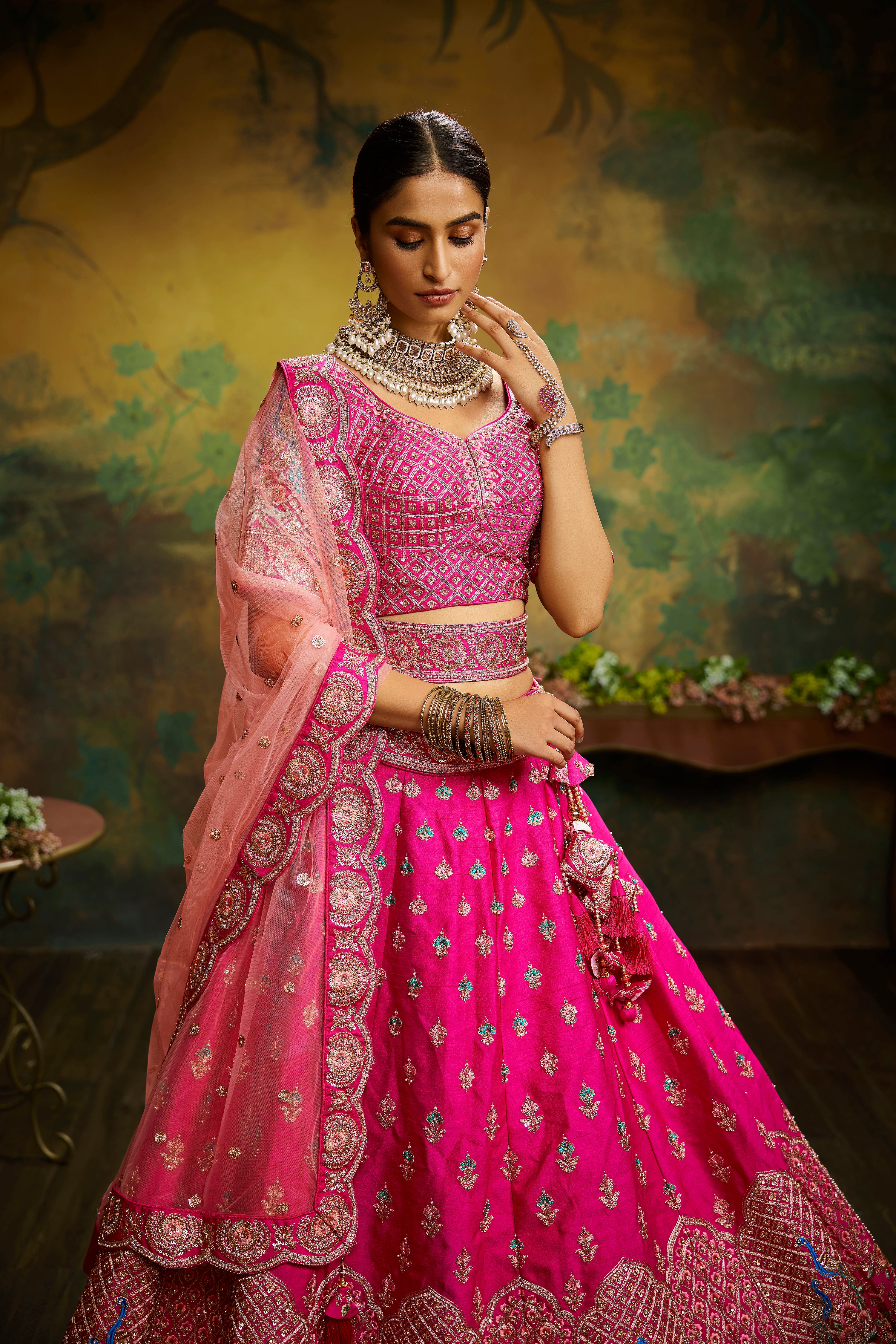 Pink Pure Silk Moti & Zarkan heavy embroidery Semi-Stitched Lehenga choli & Dupatta Clothsvilla