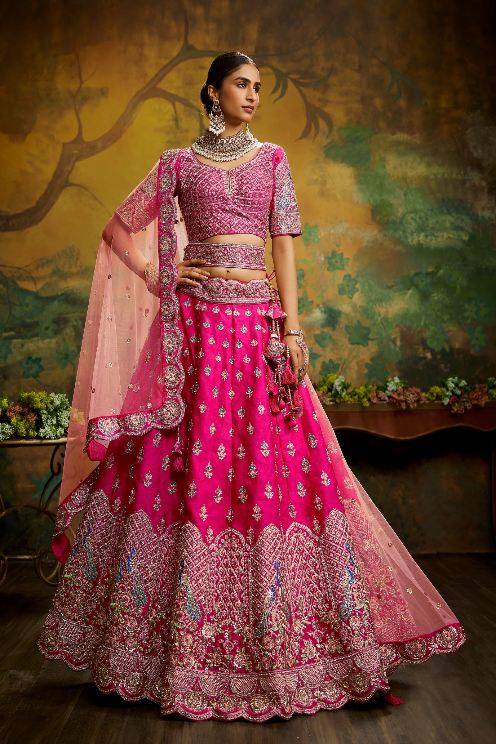 Pink Pure Silk Moti & Zarkan heavy embroidery Semi-Stitched Lehenga choli & Dupatta Clothsvilla