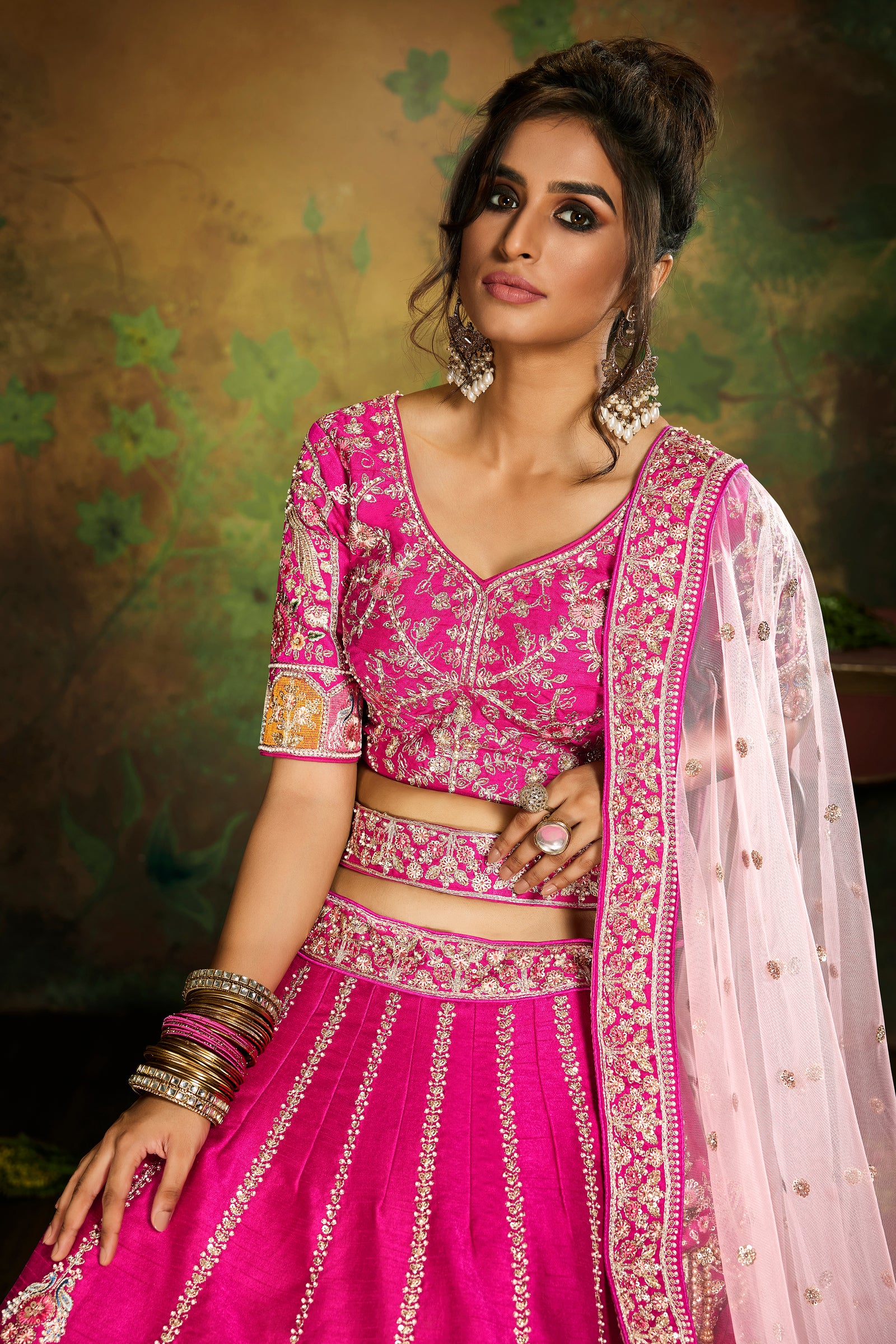 Pink Pure Silk Moti & Zarkan heavy embroidery Semi-Stitched Lehenga choli & Dupatta Clothsvilla