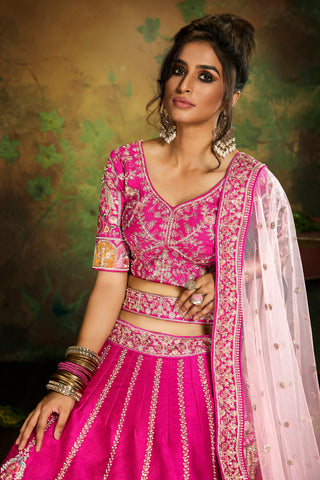 Pink Pure Silk Moti & Zarkan heavy embroidery Semi-Stitched Lehenga choli & Dupatta Clothsvilla