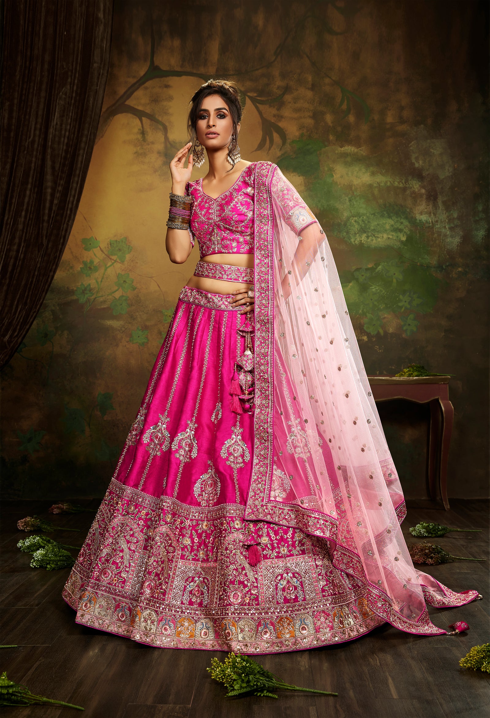 Pink Pure Silk Moti & Zarkan heavy embroidery Semi-Stitched Lehenga choli & Dupatta Clothsvilla