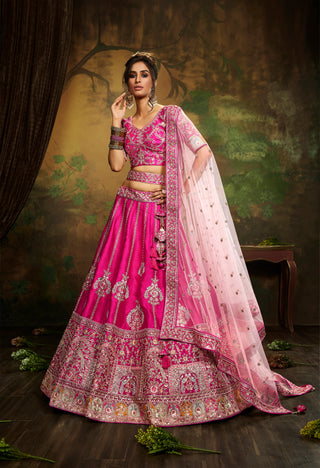Pink Pure Silk Moti & Zarkan heavy embroidery Semi-Stitched Lehenga choli & Dupatta Clothsvilla