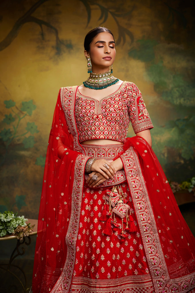 Pink Pure Silk Moti & Zarkan heavy embroidery Semi-Stitched Lehenga choli & Dupatta Clothsvilla