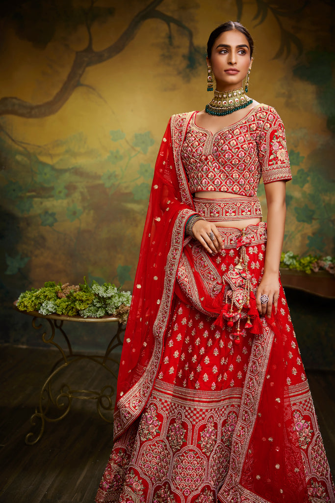 Pink Pure Silk Moti & Zarkan heavy embroidery Semi-Stitched Lehenga choli & Dupatta Clothsvilla