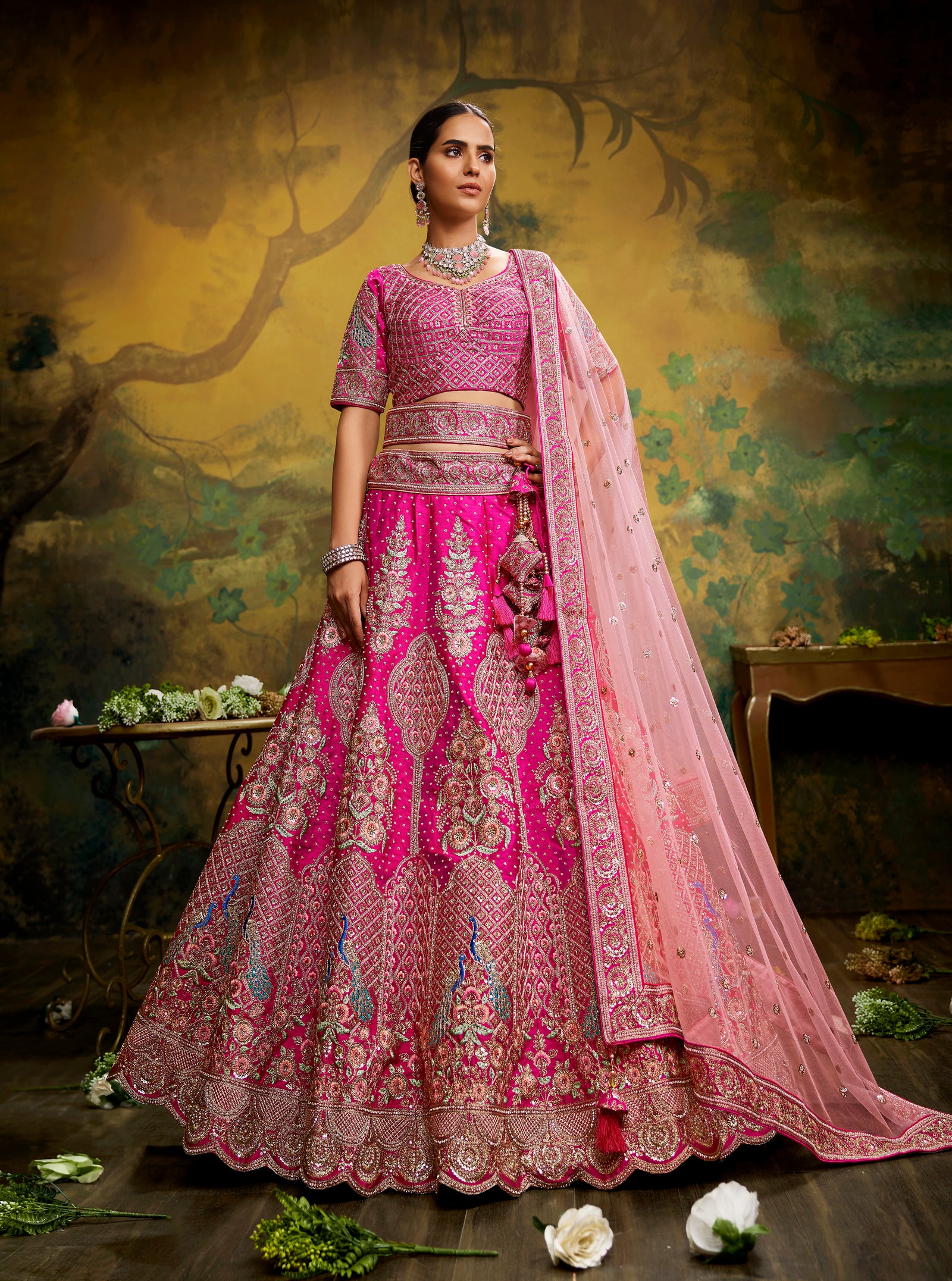 Pink Pure Silk Moti & Zarkan heavy embroidery Semi-Stitched Lehenga choli & Dupatta ClothsVilla