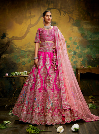 Pink Pure Silk Moti & Zarkan heavy embroidery Semi-Stitched Lehenga choli & Dupatta ClothsVilla