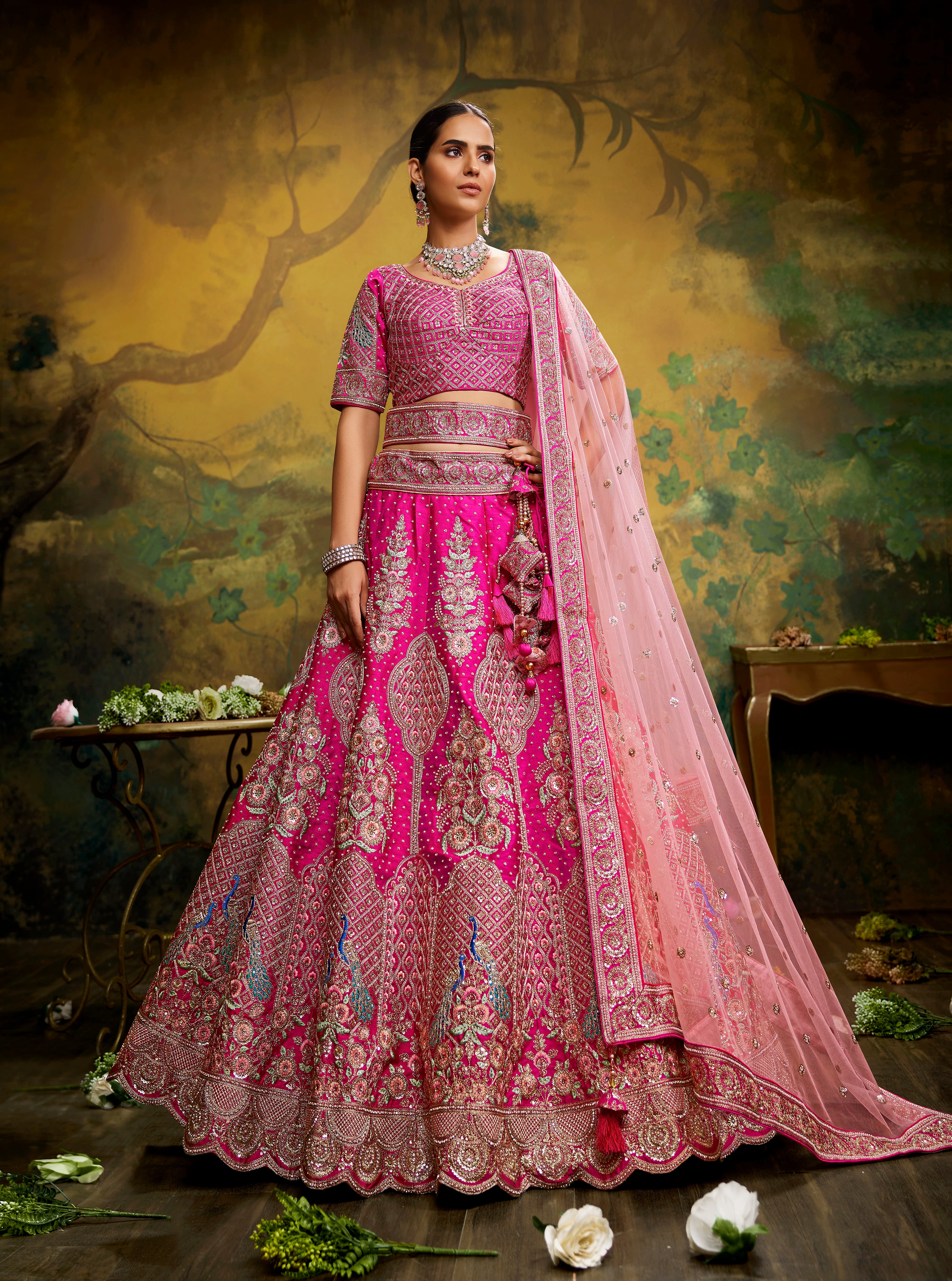 Pink Pure Silk Moti & Zarkan heavy embroidery Semi-Stitched Lehenga choli & Dupatta ClothsVilla