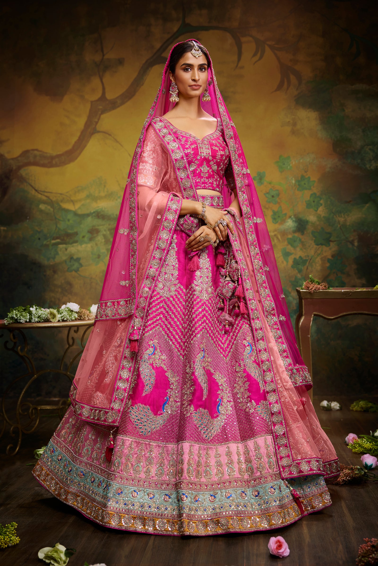 Pink Pure Silk Moti & Zarkan heavy embroidery Semi-Stitched Lehenga choli & Dupatta ClothsVilla