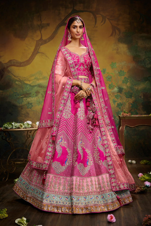 Pink Pure Silk Moti & Zarkan heavy embroidery Semi-Stitched Lehenga choli & Dupatta ClothsVilla