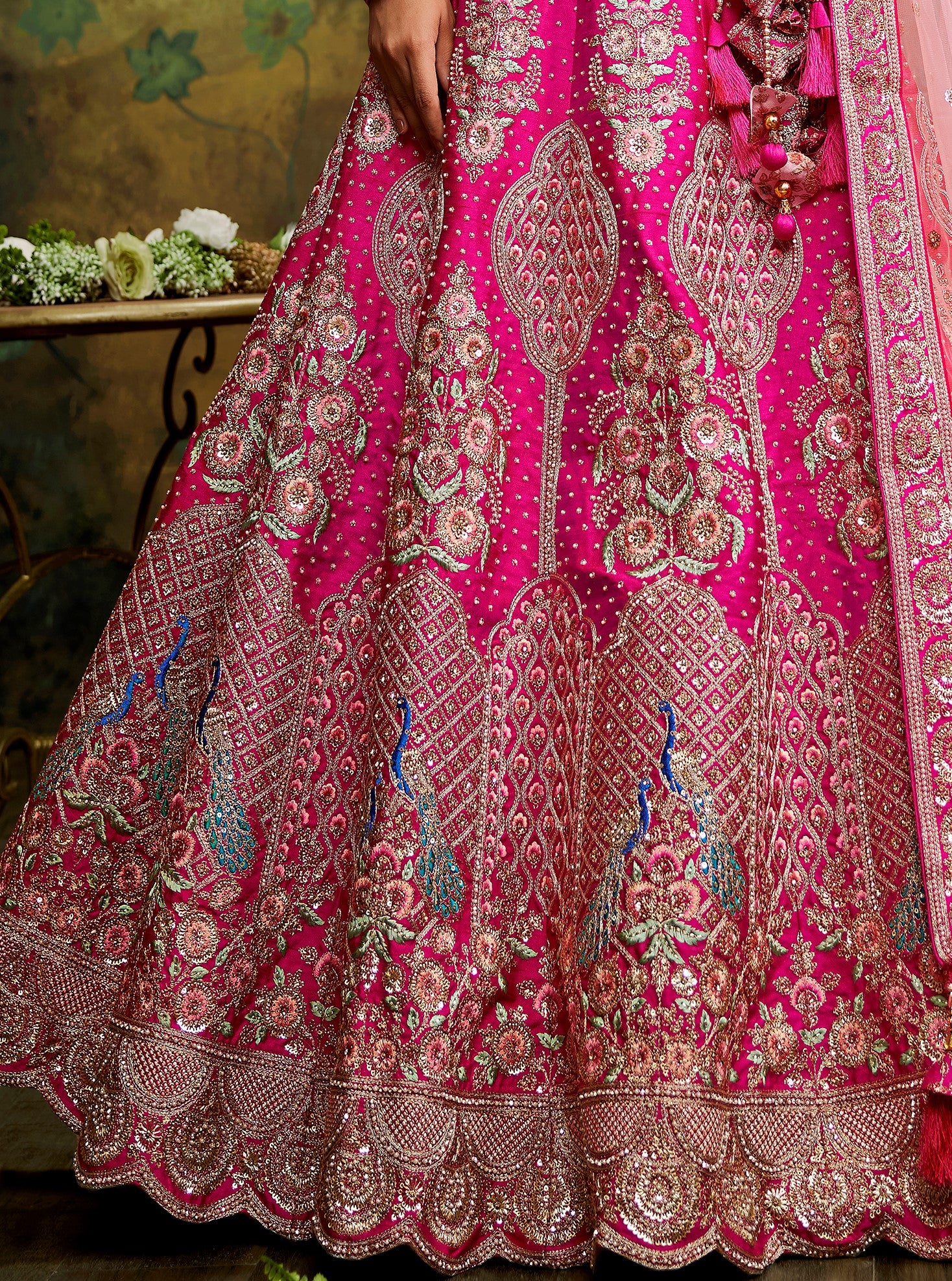 Pink Pure Silk Moti & Zarkan heavy embroidery Semi-Stitched Lehenga choli & Dupatta ClothsVilla