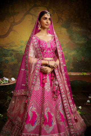 Pink Pure Silk Moti & Zarkan heavy embroidery Semi-Stitched Lehenga choli & Dupatta ClothsVilla