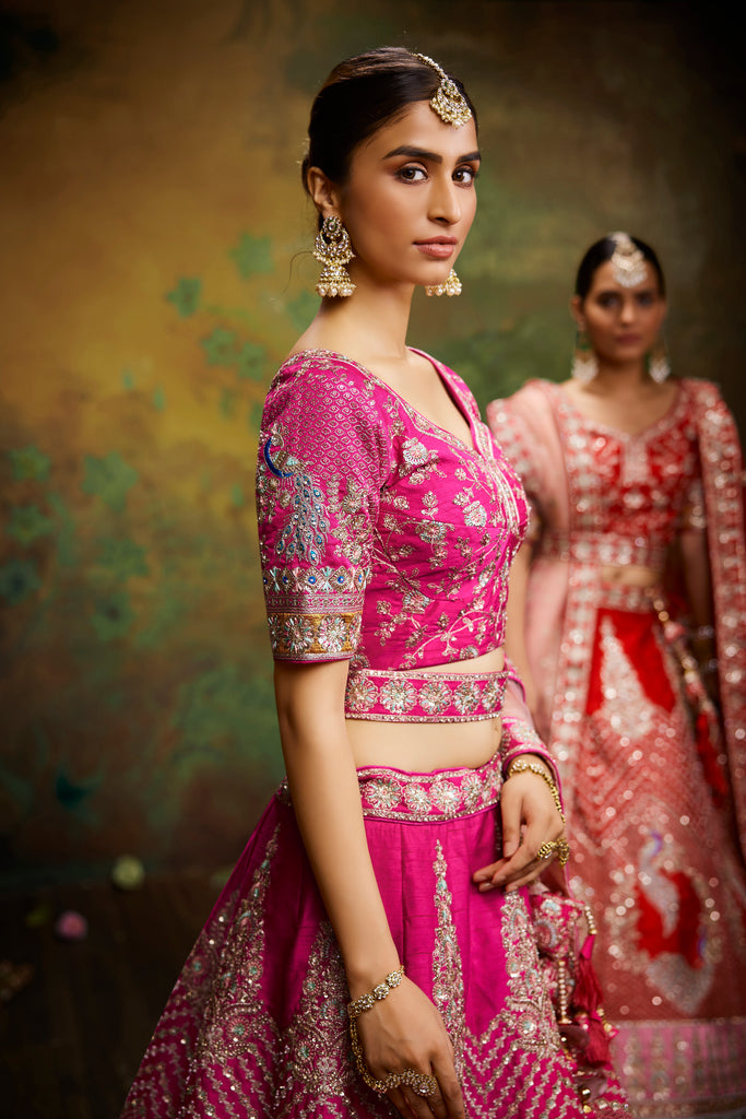 Pink Pure Silk Moti & Zarkan heavy embroidery Semi-Stitched Lehenga choli & Dupatta ClothsVilla