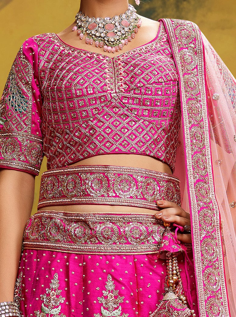 Pink Pure Silk Moti & Zarkan heavy embroidery Semi-Stitched Lehenga choli & Dupatta ClothsVilla