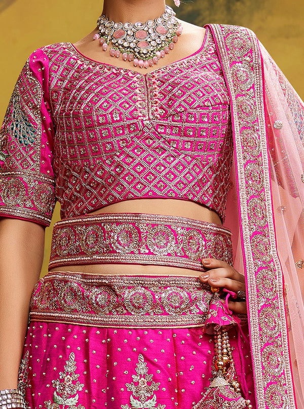 Pink Pure Silk Moti & Zarkan heavy embroidery Semi-Stitched Lehenga choli & Dupatta ClothsVilla