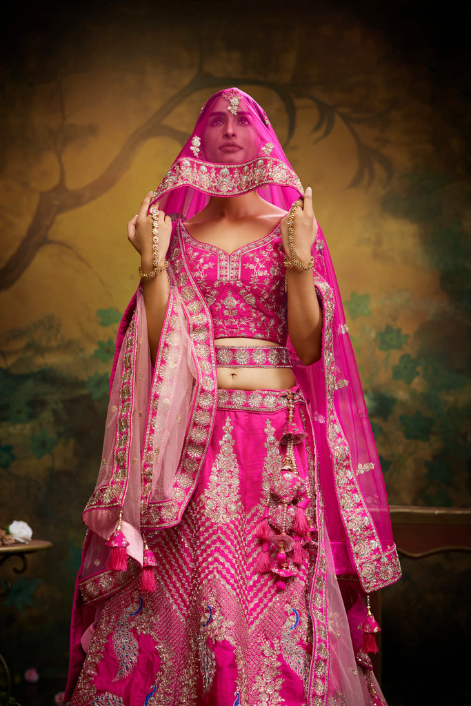 Pink Pure Silk Moti & Zarkan heavy embroidery Semi-Stitched Lehenga choli & Dupatta ClothsVilla