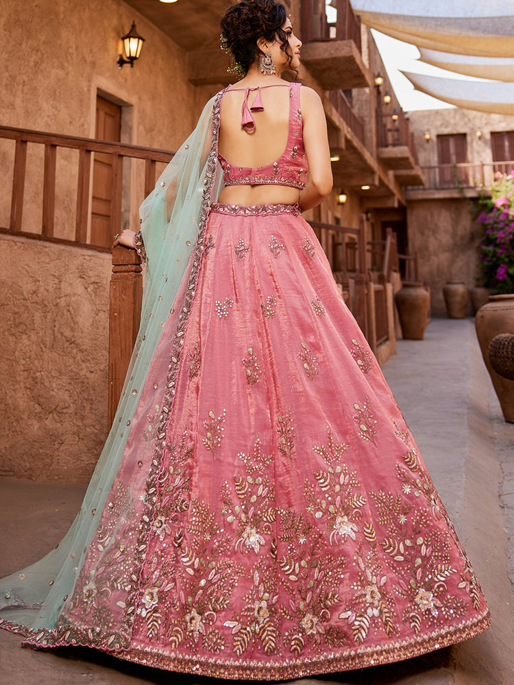 Pink Pure Tissue Semi-Stitched Lehenga Choli Set with Zarkan ClothsVilla