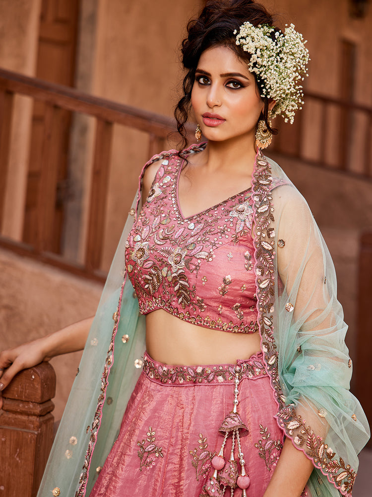 Pink Pure Tissue Semi-Stitched Lehenga Choli Set with Zarkan ClothsVilla