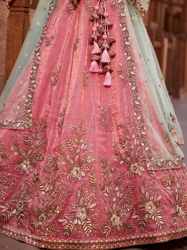 Pink Pure Tissue Semi-Stitched Lehenga Choli Set with Zarkan ClothsVilla