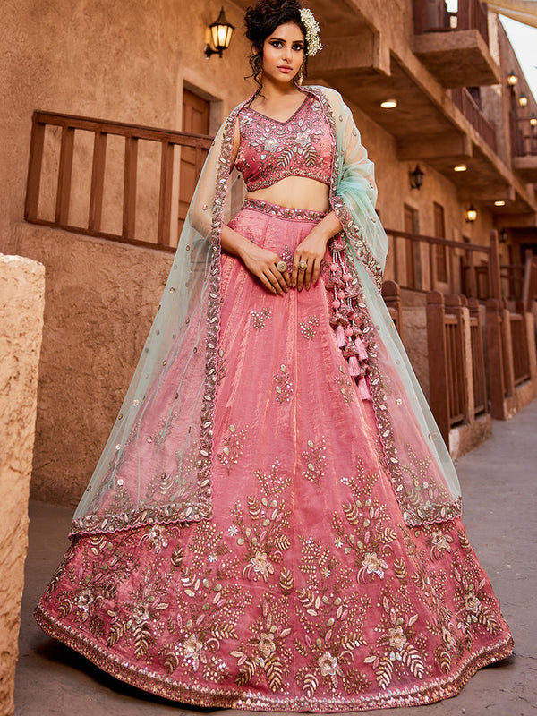 Pink Pure Tissue Semi-Stitched Lehenga Choli Set with Zarkan ClothsVilla