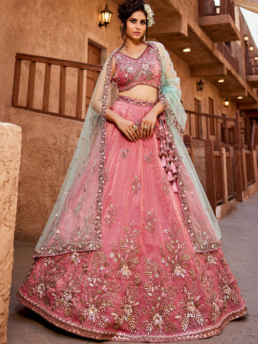Pink Pure Tissue Semi-Stitched Lehenga Choli Set with Zarkan ClothsVilla
