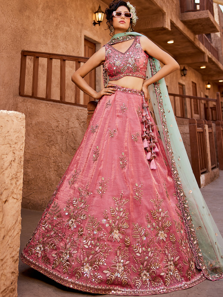 Pink Pure Tissue Semi-Stitched Lehenga Choli Set with Zarkan ClothsVilla