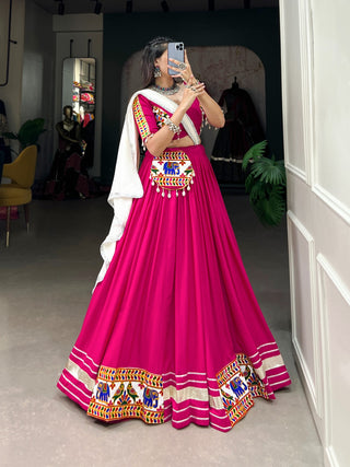 Pink Rayon Lehenga Choli with Gamthi Embroidery for Navratri ClothsVilla