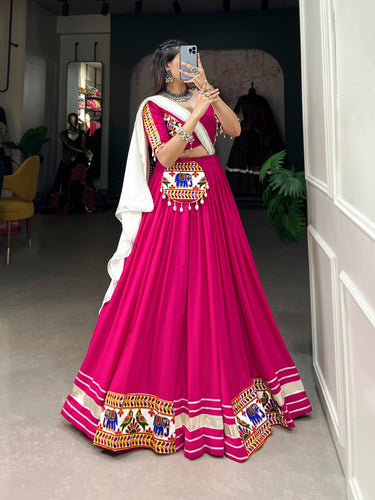 Pink Rayon Lehenga Choli with Gamthi Embroidery for Navratri ClothsVilla