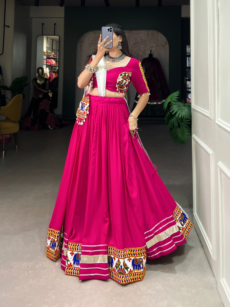 Pink Rayon Lehenga Choli with Gamthi Embroidery for Navratri ClothsVilla