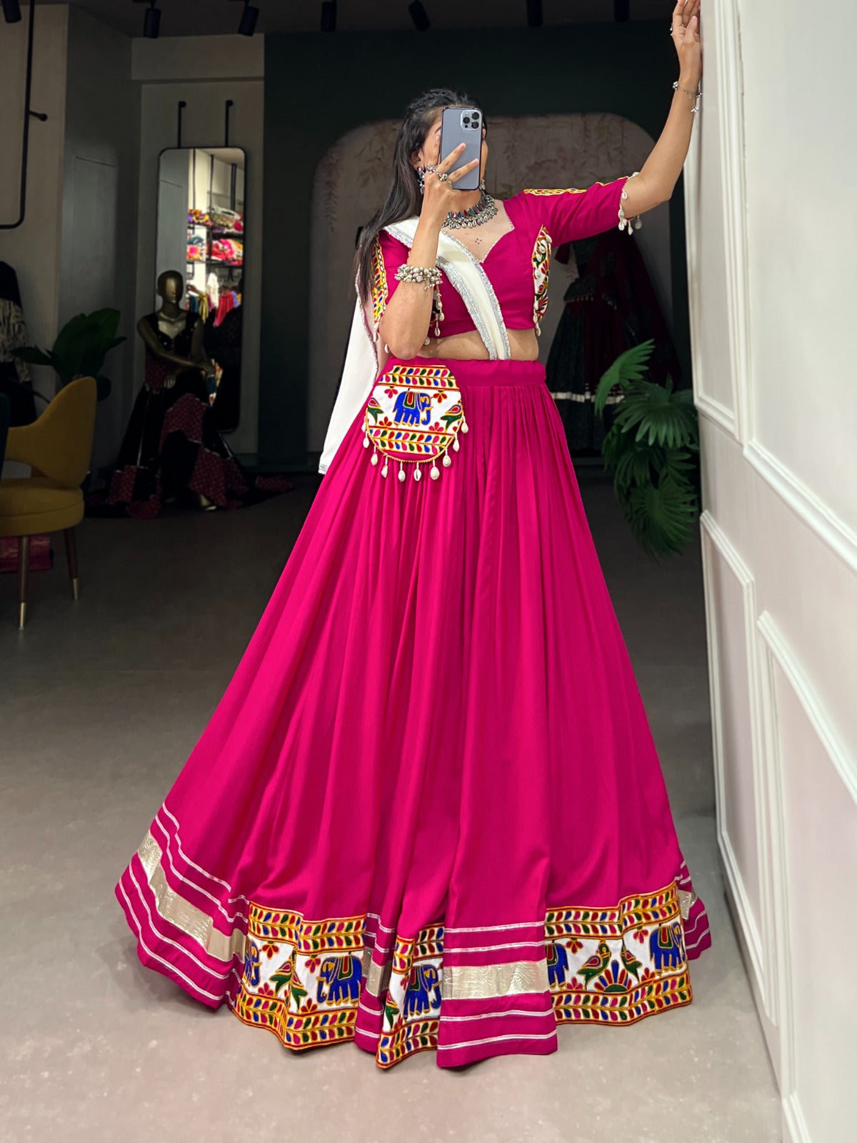 Pink Rayon Lehenga Choli with Gamthi Embroidery for Navratri ClothsVilla Main image