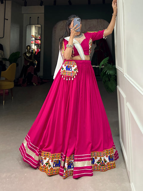 Pink Rayon Lehenga Choli with Gamthi Embroidery for Navratri ClothsVilla Main image
