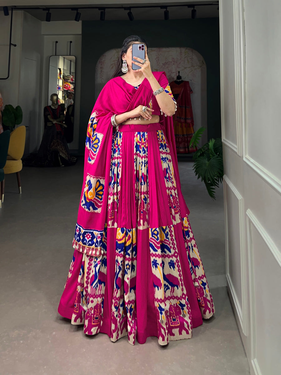 Pink Rayon Printed Silk Lehenga Choli with Gota Patti & Cowrie Detailing ClothsVilla Main image