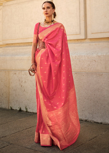 Pink Regal Banarasi Blended Silk Saree with Intricate Timeless Design & Unstitched Blouse ClothsVilla