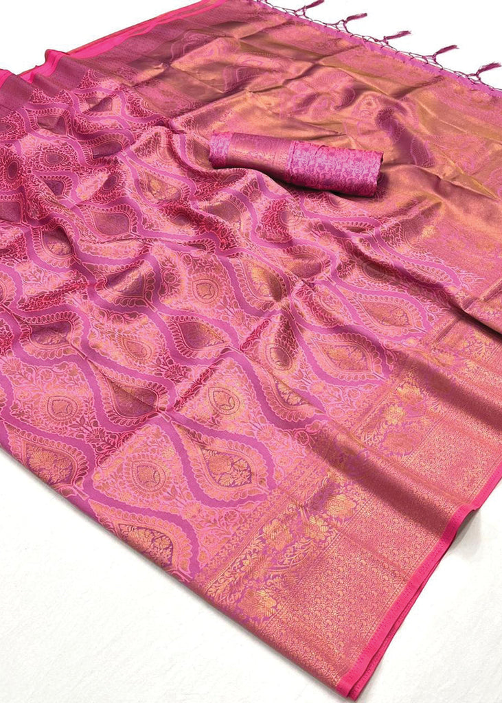 Pink Regal Banarasi Silk Saree with Gold & Silver Zari Brocade Work ClothsVilla