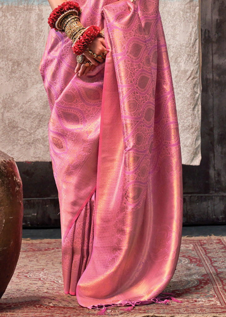 Pink Regal Banarasi Silk Saree with Gold & Silver Zari Brocade Work ClothsVilla