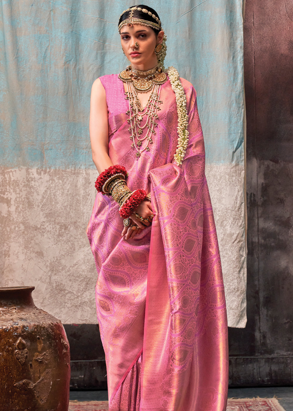 Pink Regal Banarasi Silk Saree with Gold & Silver Zari Brocade Work Secondary image