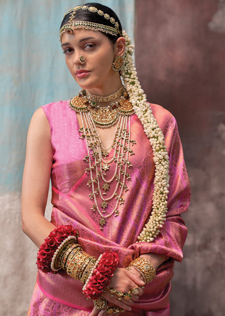 Pink Regal Banarasi Silk Saree with Gold & Silver Zari Brocade Work ClothsVilla