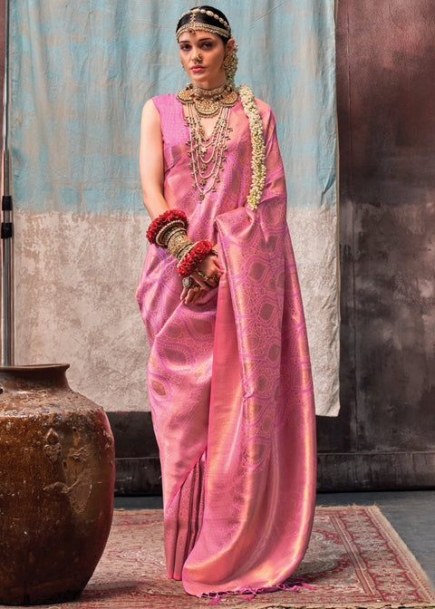 Pink Regal Banarasi Silk Saree with Gold & Silver Zari Brocade Work ClothsVilla Main image