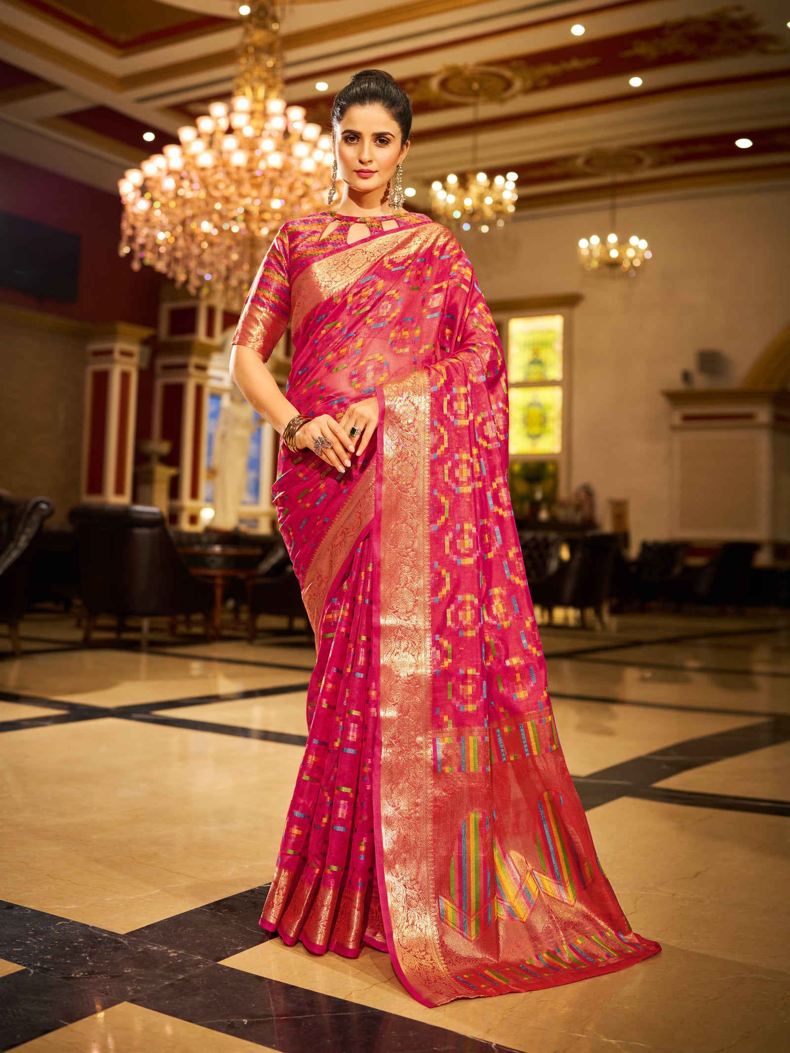 Pink Regal Kanjeevaram Organza Saree with Zari Woven Border Clothsvilla