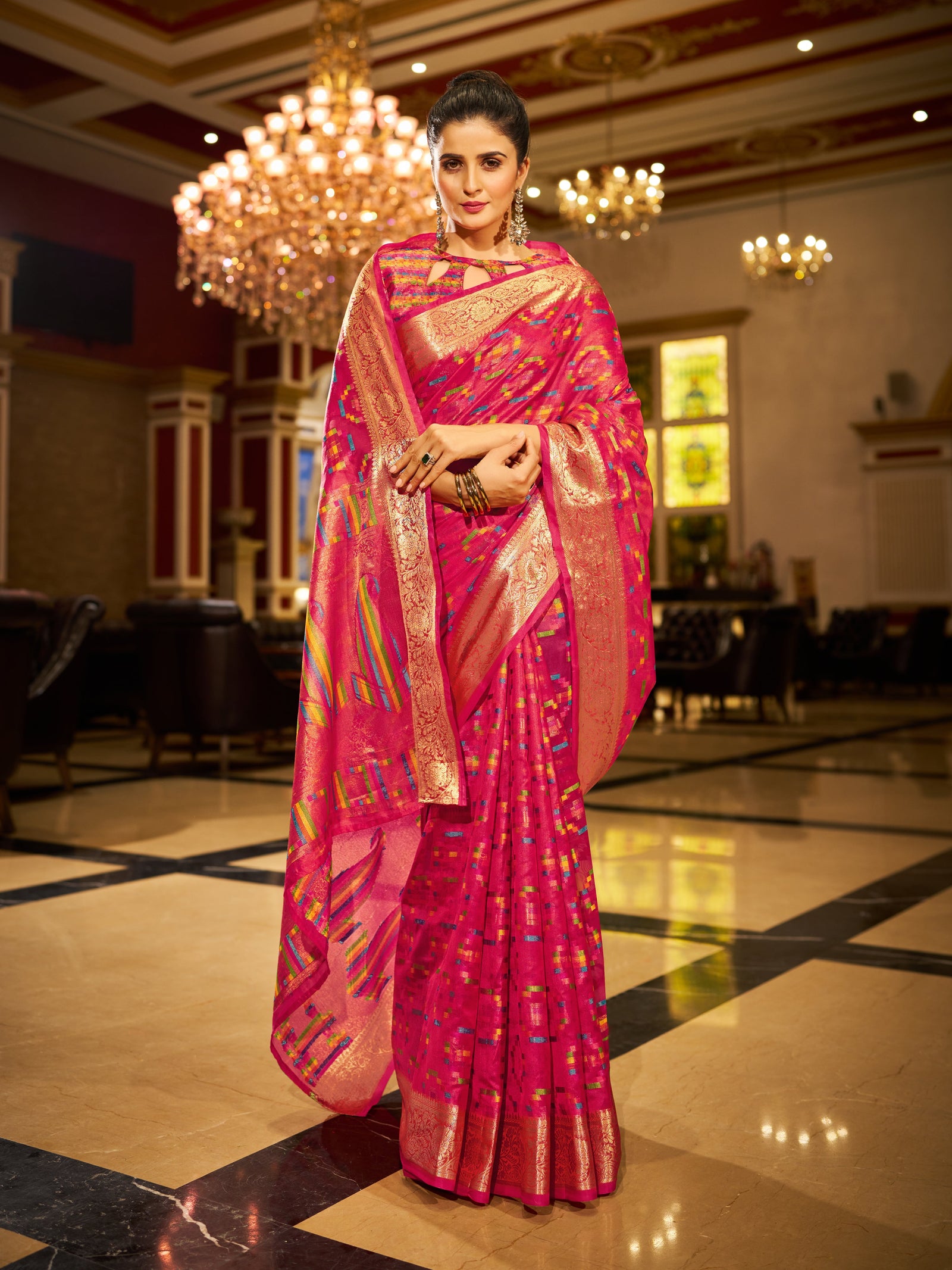 Pink Regal Kanjeevaram Organza Saree with Zari Woven Border Clothsvilla