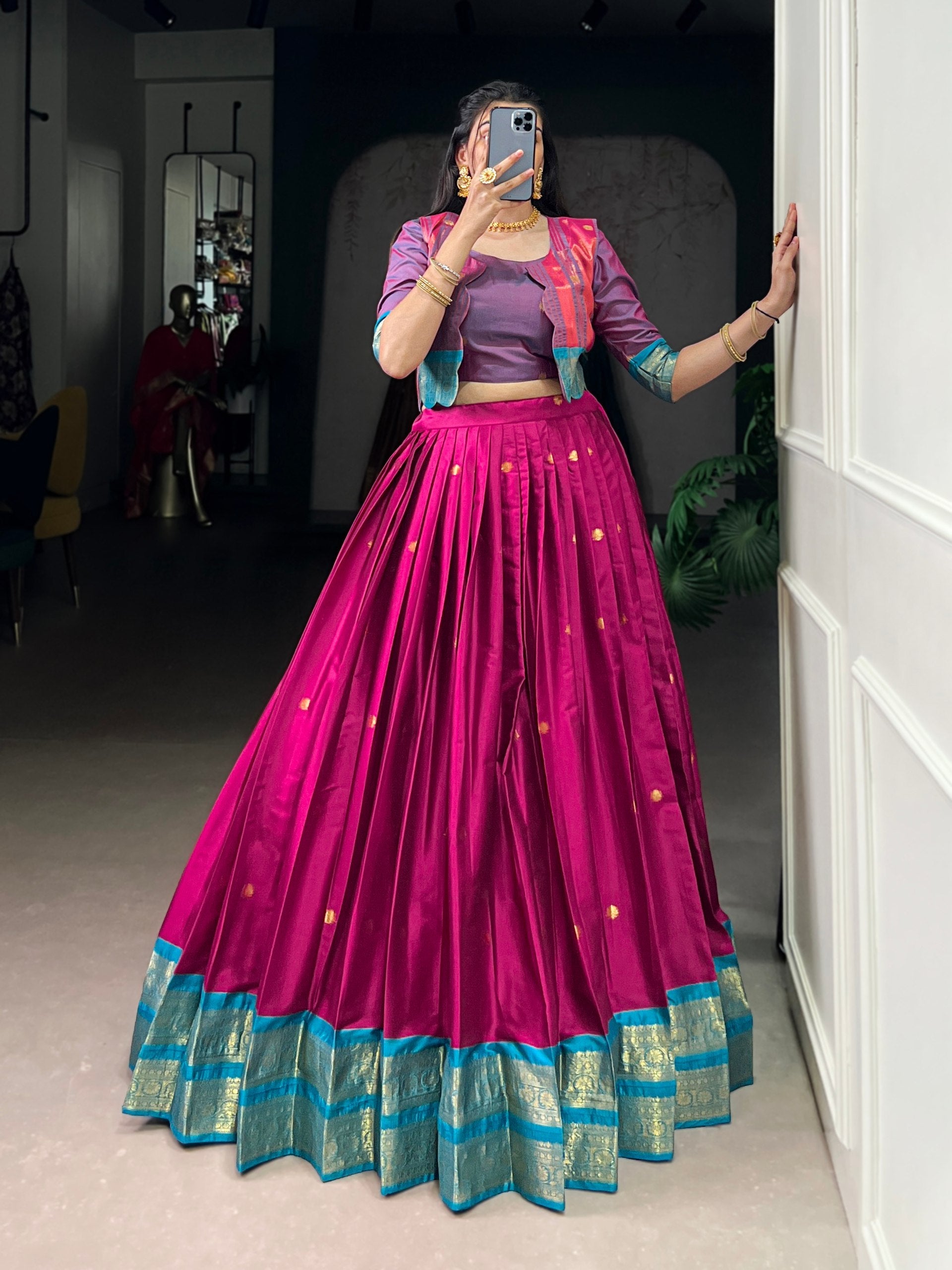 Pink Regal Poly Cotton Zari Weaving Work Lehenga Set – Stitched 5-Meter Flair Lehenga with Matching Blouse & Koti ClothsVilla Main image