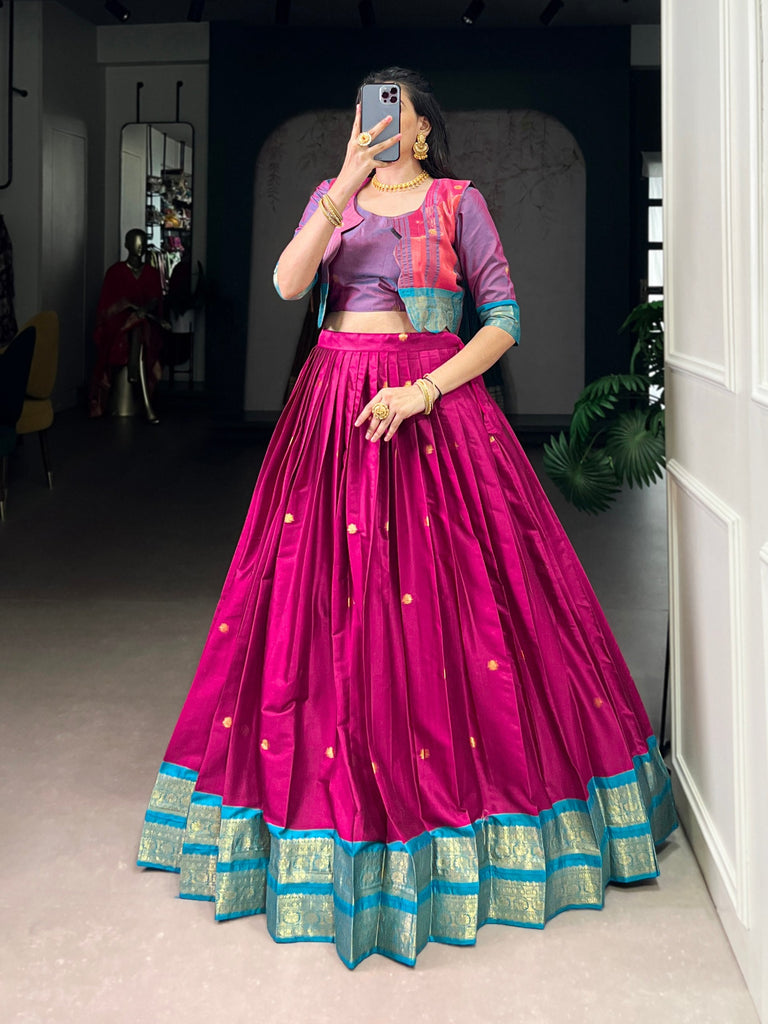 Pink Regal Poly Cotton Zari Weaving Work Lehenga Set – Stitched 5-Meter Flair Lehenga with Matching Blouse & Koti ClothsVilla