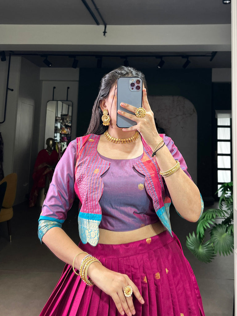 Pink Regal Poly Cotton Zari Weaving Work Lehenga Set – Stitched 5-Meter Flair Lehenga with Matching Blouse & Koti ClothsVilla