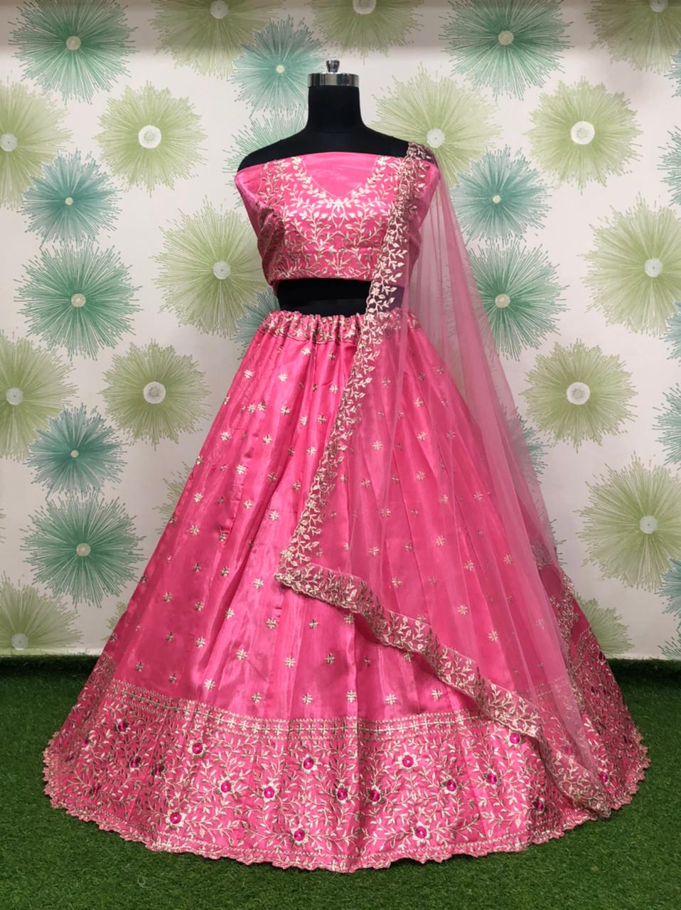 Pink Regal Satin Banglory Silk Lehenga Set – Exquisite Cutwork Embroidery ClothsVilla Main image
